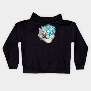 Silver Kitsune with Aqua Foxfire Kids Hoodie